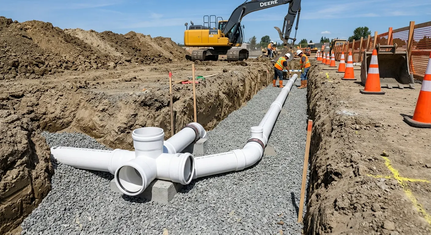 New PVC sewer pipe installation in open trench for Commercial Drain Cleaning in Woodruff