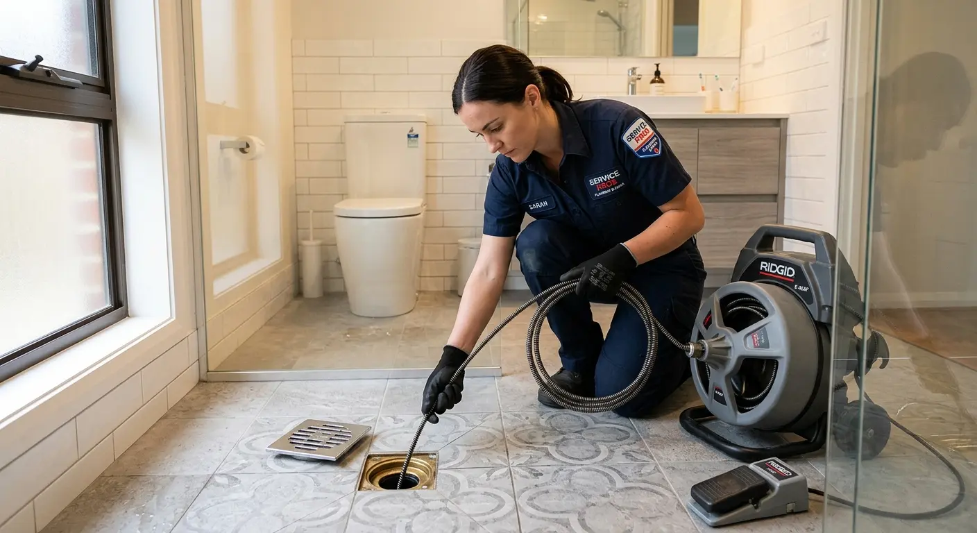 Technician clearing a bathroom floor drain for Sewer Line Replacement in Woodruff